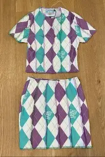 Omighty - Skull Argyle Stitch Crop Tee and Mini Skirt Set in White Purple Green