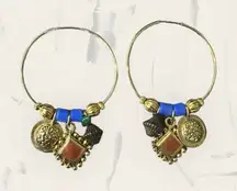 Boho Dangle Hoop Earrings Bronze‎ Gold Tone Rust Blue Charms Festival Jewelry