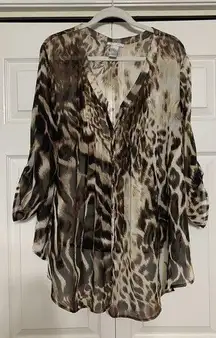 Alberto Makali Animal Print Sheer Pin tuck Flowy Artsy Tunic Top Size 1X (Y13)