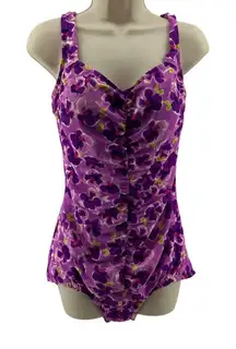 Maxine Of Hollywood Spa Shirred Girl Leg One Piece Swimsuit Purple Floral Size 1