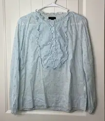 EUC J.Crew women’s pale light blue embroidered ruffle long‎ sleeve blouse small