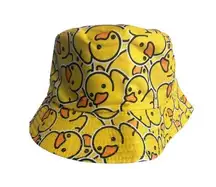 Reversible Yellow Rubber Duck Print Black Bucket Hat Cotton Sun Cap Summer Beach