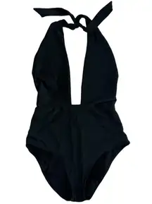 Aerie sexy black deep plunge halter full coverage bottom one-piece swimsuit MD