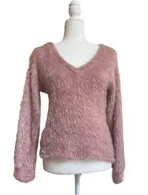 LUSH Pink Eyelash Fuzzy Twist Knot Low Back V Neck Women Size S Boho Long Sleeve