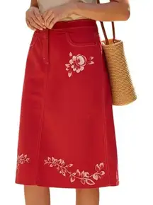 ANTHROPOLOGIE OILILY Red With Floral‎ White Embroidered Cotton Skirt Size 38