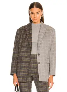 Something Navy Plaid Long Sleeve Peak Lapel Oversized Blazer Brown Contrast XS