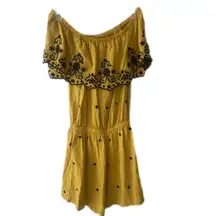 LOVE TREE Mustard Yellow Floral Navy Embroidered Off the Shoulders Romper