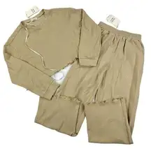 My Mum Made It - Waffle Logo Lounge Pants & cropped Long Sleeve Top in Beige/Tan