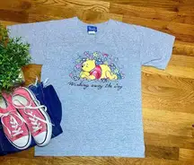 Vintage 90s Winnie the Pooh Gray V-neck Floral T-shirt Top Medium Retro Casual