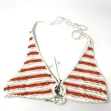 Aerie NEW  White Orange Striped Crochet Ring Triangle Halter Bikini Top M