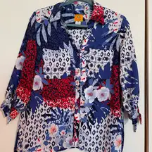 Ruby Rd. Blue and White Floral Shirt, 3/4 sleeve. Women button down top, size PM