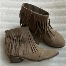 Breckelle’s Fringe faux Suede Ankle Boots - tan