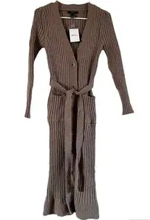 Forever 21 Ribbed Midi Sweater Dress Belted Button Up Knit Brown Small NWT
