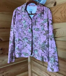 PINK STRETCHY BUTTON UP JACKET W/ BROWN ROSE VINES