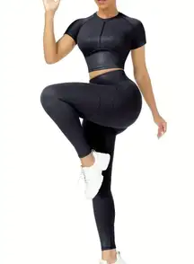 2pcs Pu Leather Short Sleeves Leggings Shaping Bodysuit Tummy Control Slip Body Shaper gym set crop top turtleneck high waist 