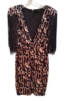 Symphony Animal Print Fringe V-Neck Bodycon Mini Dress Womens Small Brown Black