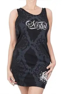 Sinful x Affliction Women’s Black Dress White Logo Crystal Studded Size Small