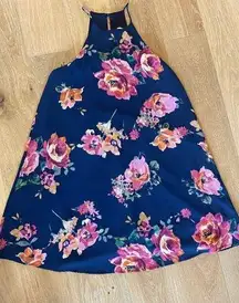 Everly Women's Dress Navy Blue Floral Lined Halter Neck Keyhole Back Size Small