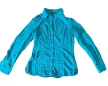 Express‎ Women's Turquoise Long Sleeve Collared Button-Up Shirt Size Small
