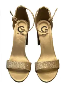 G by Guess gold glittery open toe glamorous dressy open toe sandals block heel 9