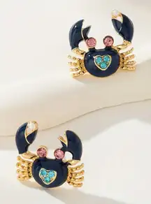 Navy Blue Gold Crab Stud Earrings NWT Enamel Crystal Cute Nautical Jewelry