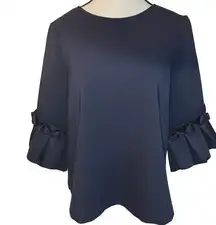 COS Navy Blue 3/4 Sleeve Ruffle Frill Swing Top Blouse Scuba Fabric Size S NWOT