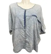 Zenana 3X Blue Acid Wash Cotton Oversized Top Patchwork Seam Detail Pullover