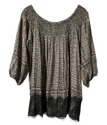 Anthropologie Vanessa Virginia Shirt Women Size XL Black Tan Lace smock Flowy