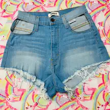 WOMENS CUT OUT HIGH WAISTED LIGHT WASH DENIM SHORTS