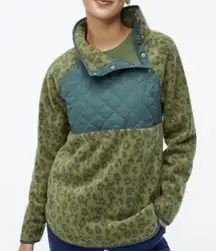 J. Crew green leopard print quilted snap fleece pullover sweatshirt small