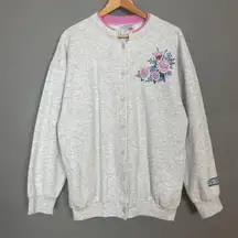 Vintage Cardigan Sweatshirt Floral Design Grandmacore Gray Button-up Roses Large