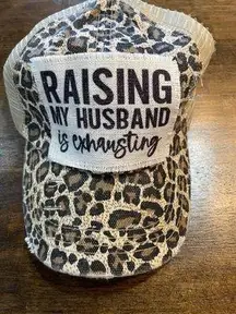 Raising My Husband is Exhausting Leopard Ponytail Trucker Cap