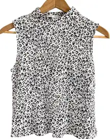 St. John Women’s L Mock Neck Sleeveless Shell Top White‎ Snow Leopard Cheetah