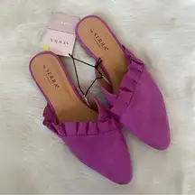 Faux Suede Fuchsia Pointed Toe Ruffle Slip On Mules