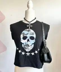 Camo Skull Baby Tee, Y2K Grunge Punk Scene Alt Emo Mall‎ Goth Medium