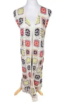 POL Women's Boho Crochet Patchwork Duster Multicolor Size S Afghan Sleeveless