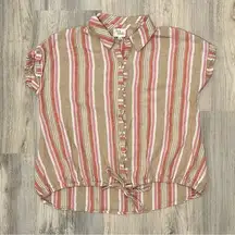 Linen Blend Short Sleeve Button Shirt Striped Drawstring Top Size M