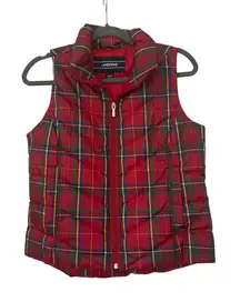 Lands' End Down Puffer Vest Holiday Winter Red Tartan Plaid Size Women's XS