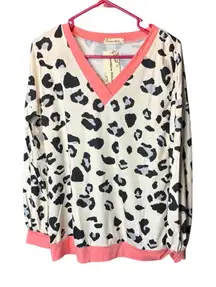 Leopard Print V-Neck Top with Coral Accents