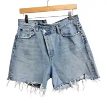 AGOLDE Criss Cross Waist Denim Shorts Distressed Frayed Blue Size 28