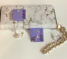 Icing White & Gold With Chain Style Strap Wallet, Heart Bracelet & Star Ring.