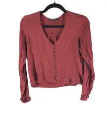 Stradivarius Blouse Top Button Front Long Sleeve V Neck Red S