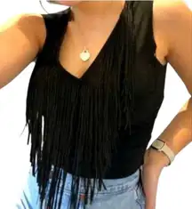 ANGL Black Fringe Sleeveless Body Suit plunging neck boho western cowgirl top