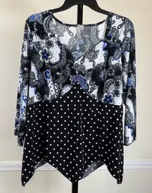 Susan Lawrence 1X Black Blue Paisley Polka Dot Mid Length Sleeve Plus Size Top