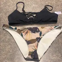 L*Space Black and Tropical Print Bikini Set