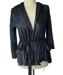 Juicy Couture Black Wrap Top S Shimmer Y2K Belted Hooded Long Sleeve Pockets