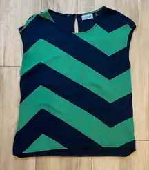 Cynthia by Cynthia Rowley Green and Navy Chevron Mixed Media Short Sleeve Shirt