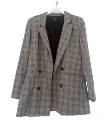 Rachel Zoe Oversized Gray Plaid Tartan Double Breasted Blazer Jacket Preppy L