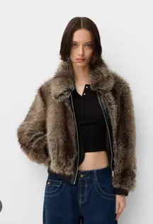 Bershka Faux Fur Jacket with Contrast Leather Effect Detail