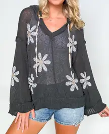 POL Daisy Floral Gray Knit Oversized Hoodie Size S Cottagecore Boho